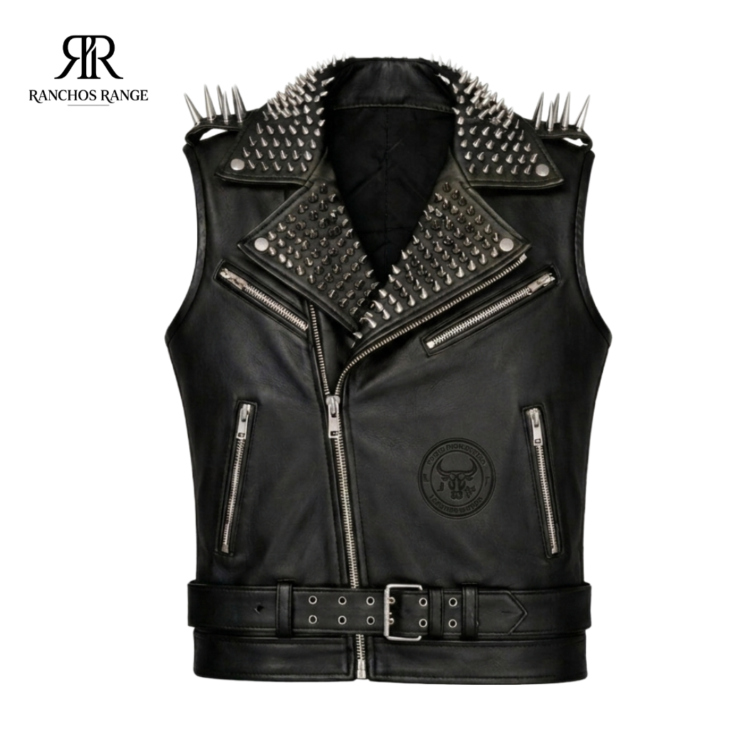 Handmade Men’s Studded Black Leather Vest - Punk Rock Spiked Biker Waistcoat - Heavy Duty Genuine Leather Motorcycle Jacket Sleeveless