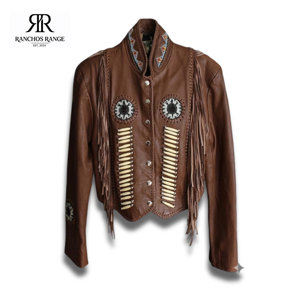 Handcrafted Western Leather Fringe Jacket – Vintage Style Beaded Southwestern Coat