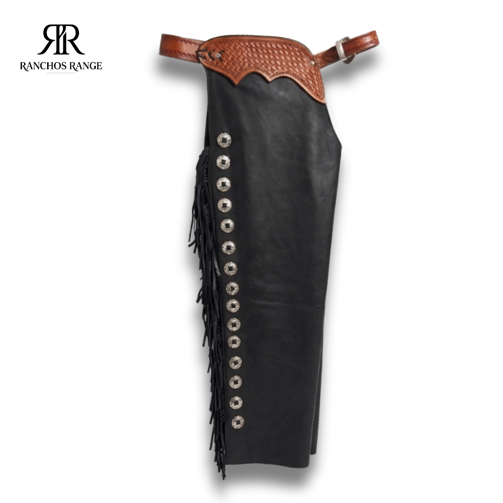 Ranchos Range Custom Bull Riding Chaps - Pro Rodeo Black Leather with Basketweave Tooled Yoke and Silver Conchos