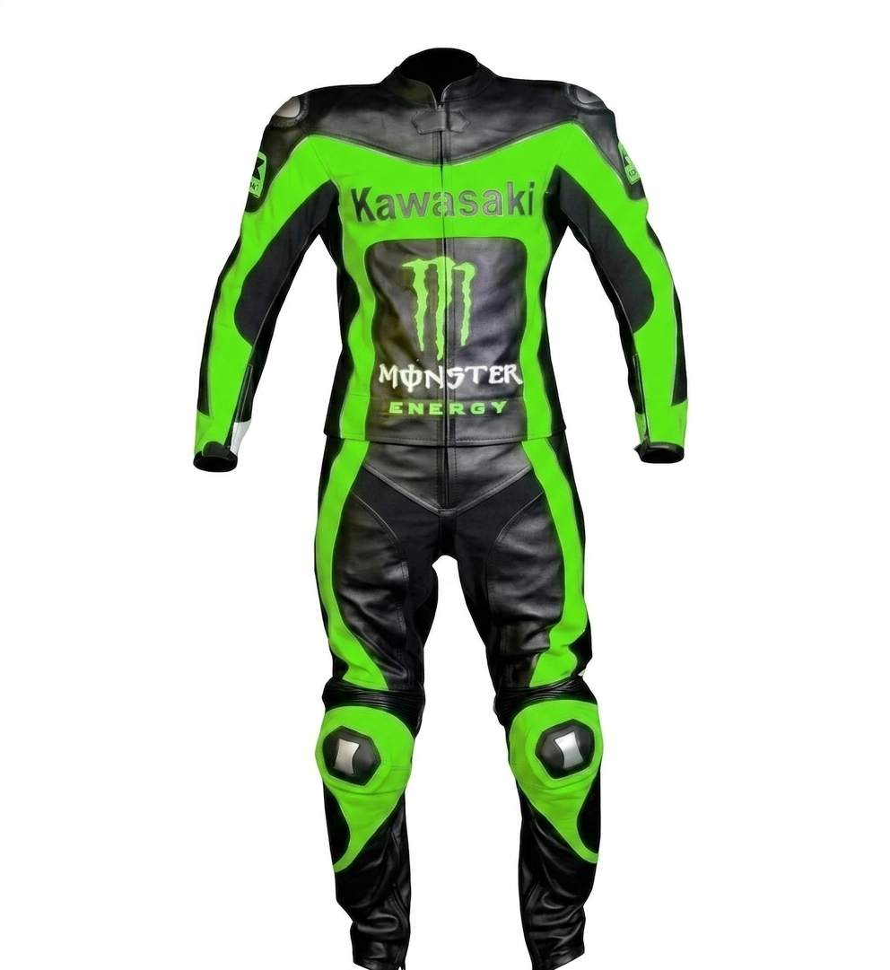 Kawasaki Monster Energy Leather Racing Suit - Professional Motorbike One-Piece Racing Gear - Custom CE Armored Protective Leathers - Black & Lime Green Biker Suit