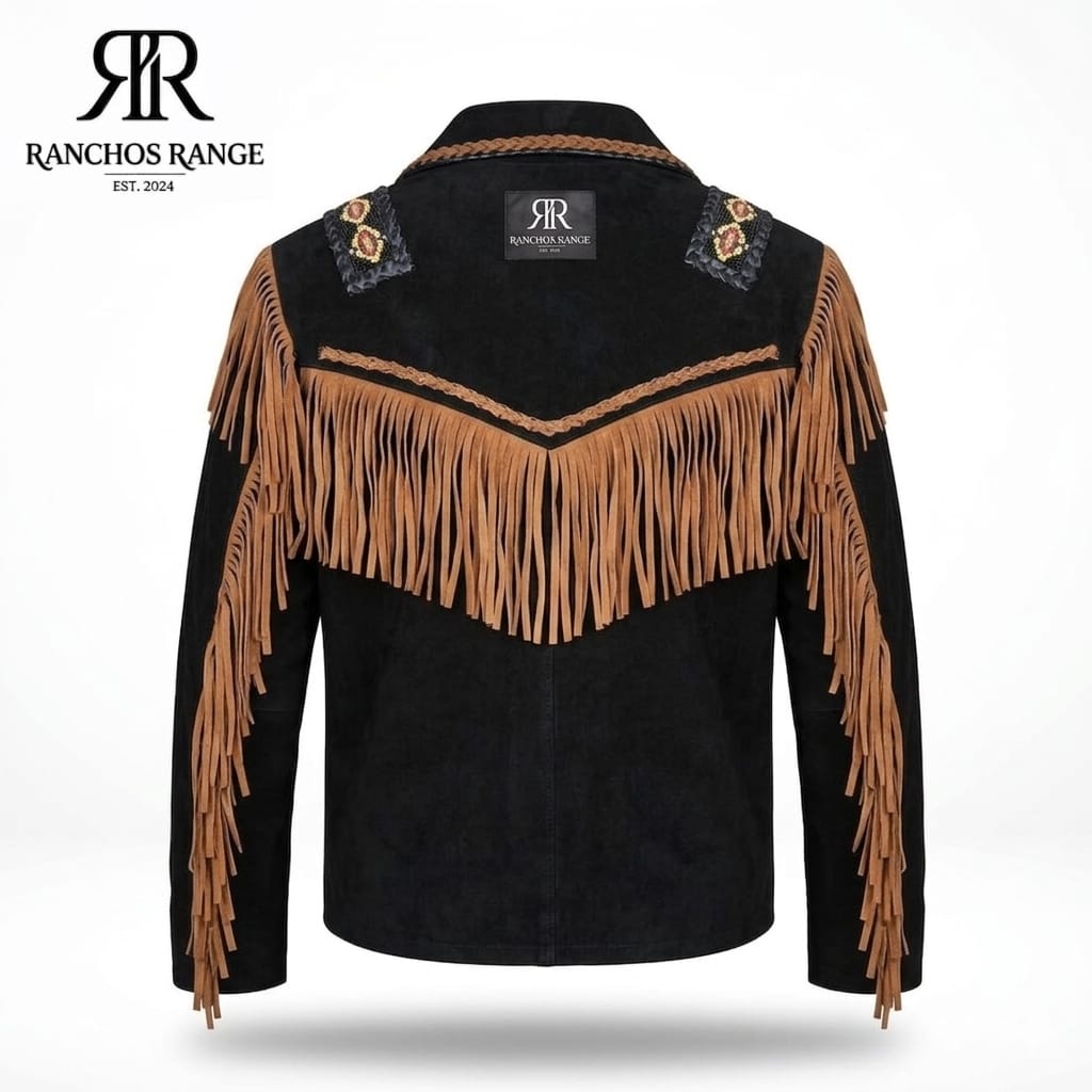 Men's Western Fringe Leather Jacket - Handmade Black Suede Cowboy Jacket with Beads & Bone Piping - Traditional Native American Style Rodeo Coat - Ranchos Range Custom Suede Biker Jacket
