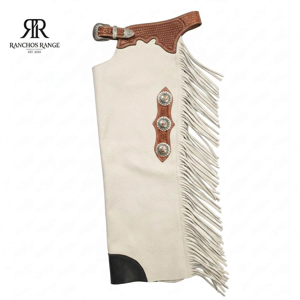 Custom Bull Riding Chaps - Cream Leather Rodeo Chaps with Tooled Basketweave Yoke and Silver Conchos - Professional Western Pro Rodeo Gear