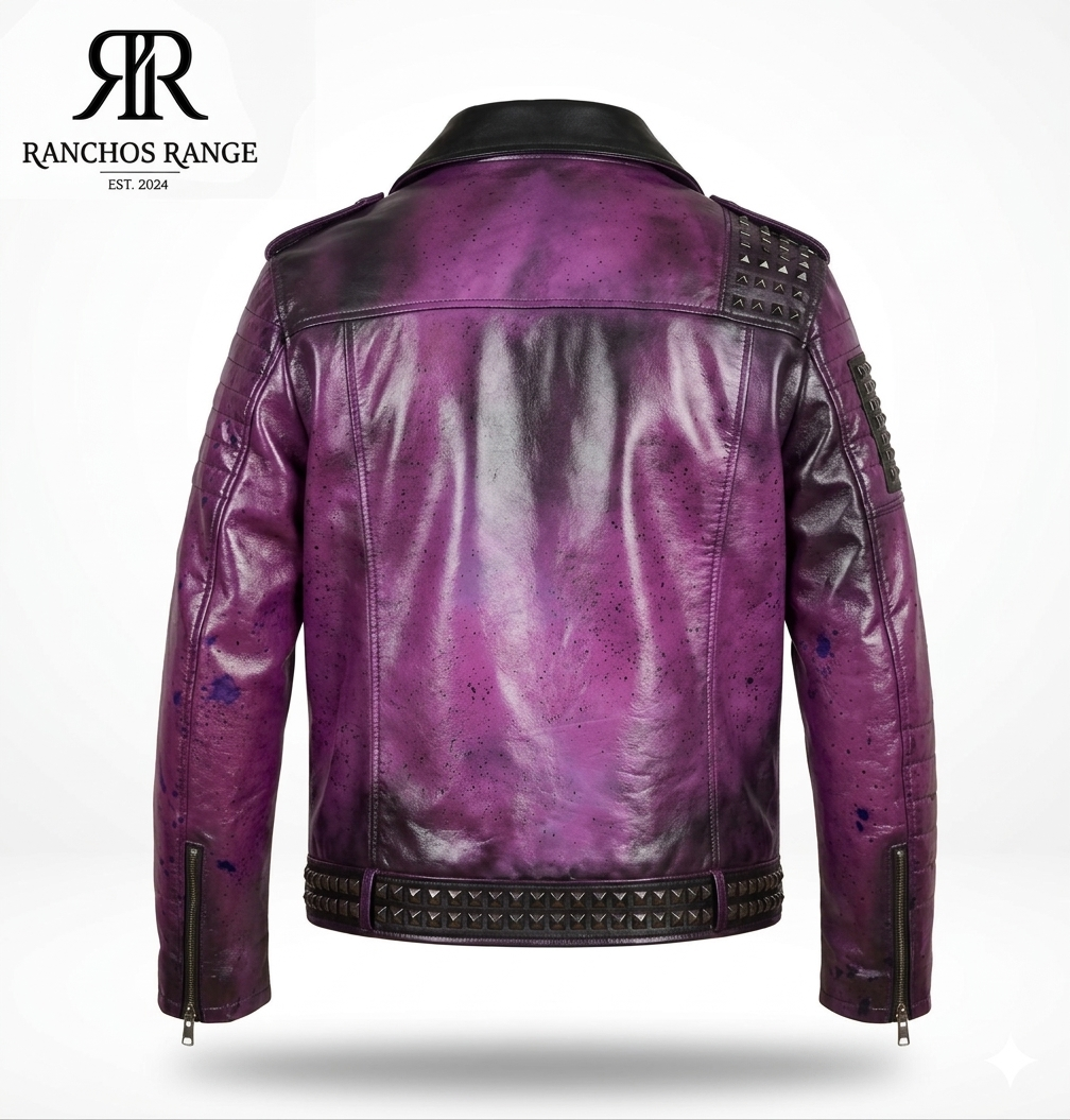Custom Purple Distressed Leather Jacket - Hand-Painted Studded Biker Jacket - Punk Rock Steampunk Streetwear - Men's & Women's Genuine Leather
