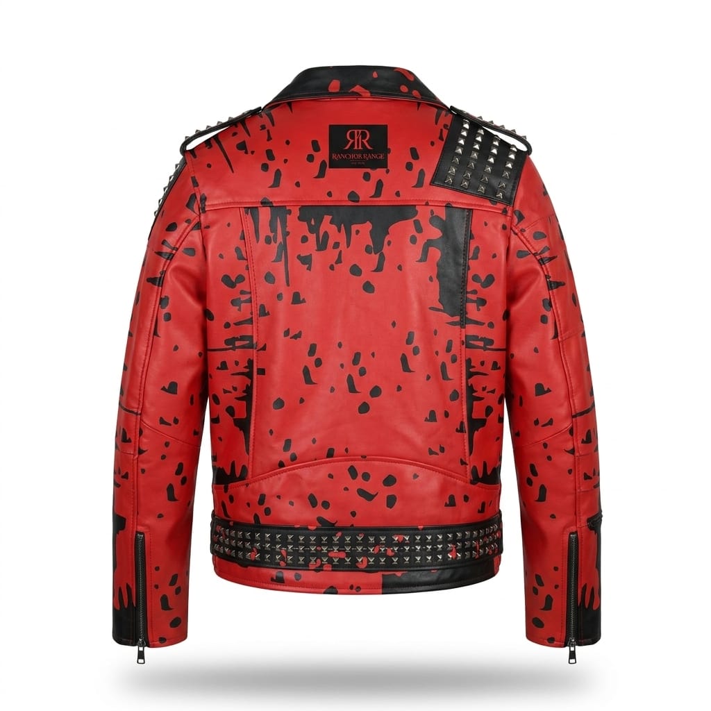Studded Red and Black Leather Biker Jacket - Punk Rock Distressed Splatter Print Moto Jacket for Men - Ranchos Range Heavy Metal Spiked Streetwear