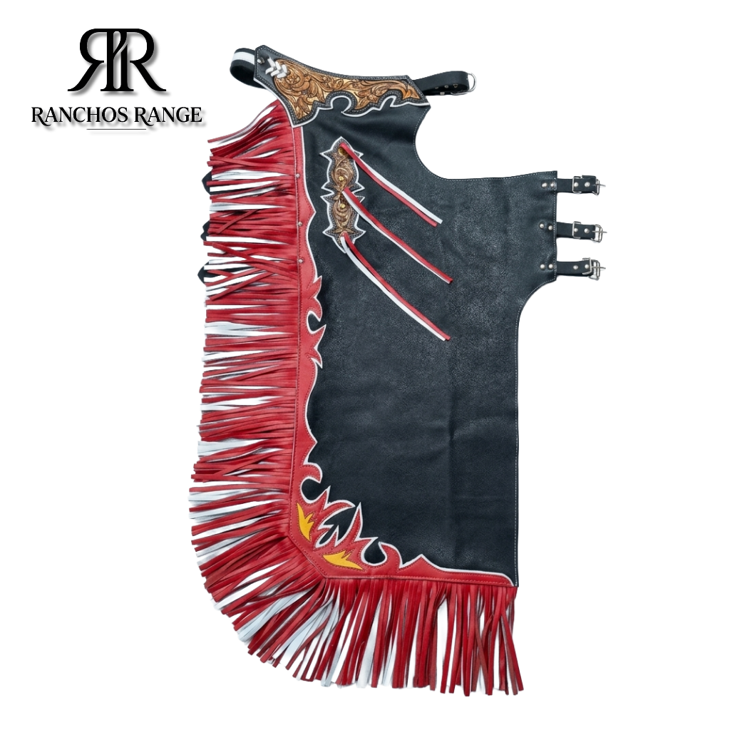 "Ranchos Range Custom Rodeo Chaps - Black & Red with Fringe"