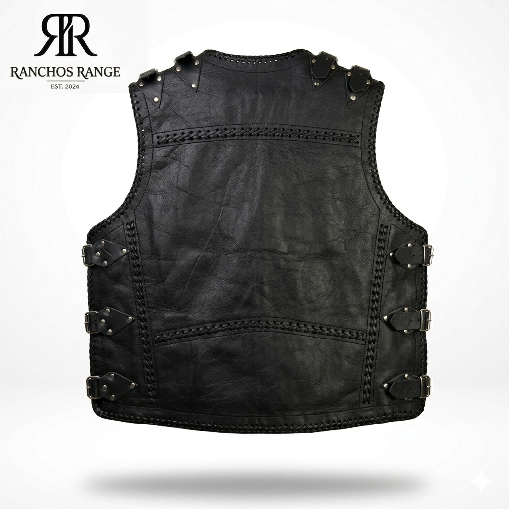 Men's Hand-Braided Leather Motorcycle Vest - Side Lace Buckle Tactical Biker Waistcoat - Genuine Cowhide Western Rodeo Leather Vest