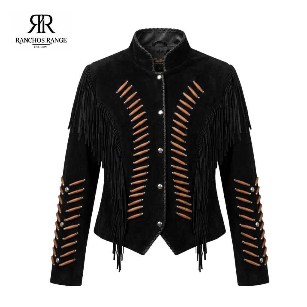 Women’s Black Suede Fringe Western Jacket - Beaded Boho Cowgirl Style