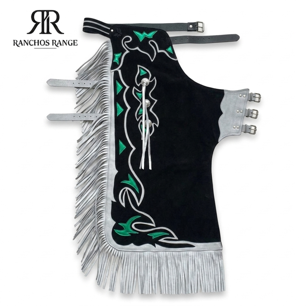 Professional Western Rodeo Bull Riding Chaps - Black & Silver Cowhide Leather with Green Flame Inlays and Long Fringe - Custom Horse Riding Gear