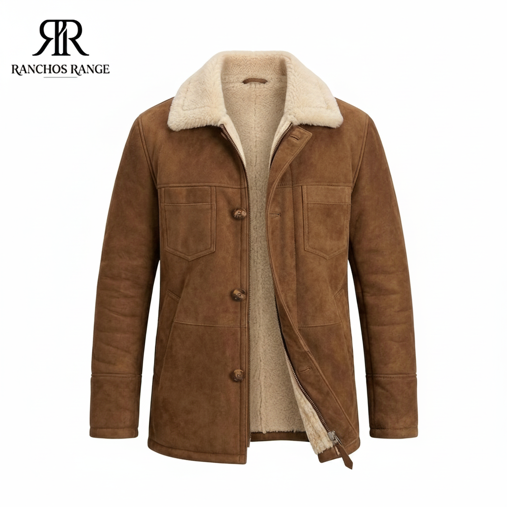 Men's Suede Shearling Coat - Cognac Brown Leather Winter Jacket with Faux Fur Lining - Western Ranch Style Aviator Parka - Gift for Him