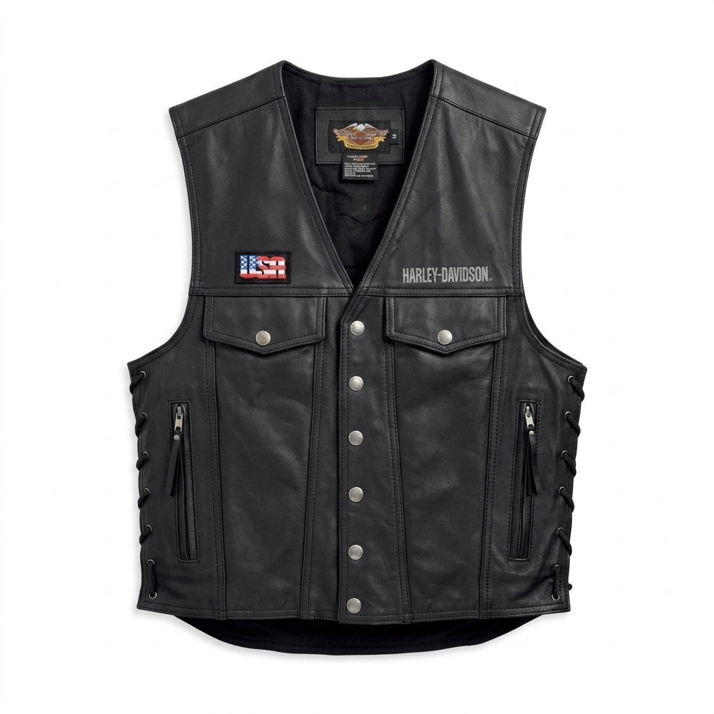 Men's Genuine Black Leather Biker Vest - Motorcycle Riding Waistcoat with Side Laces, Gun Pockets, and American Flag Patch - Classic Chopper Style Leather Gear