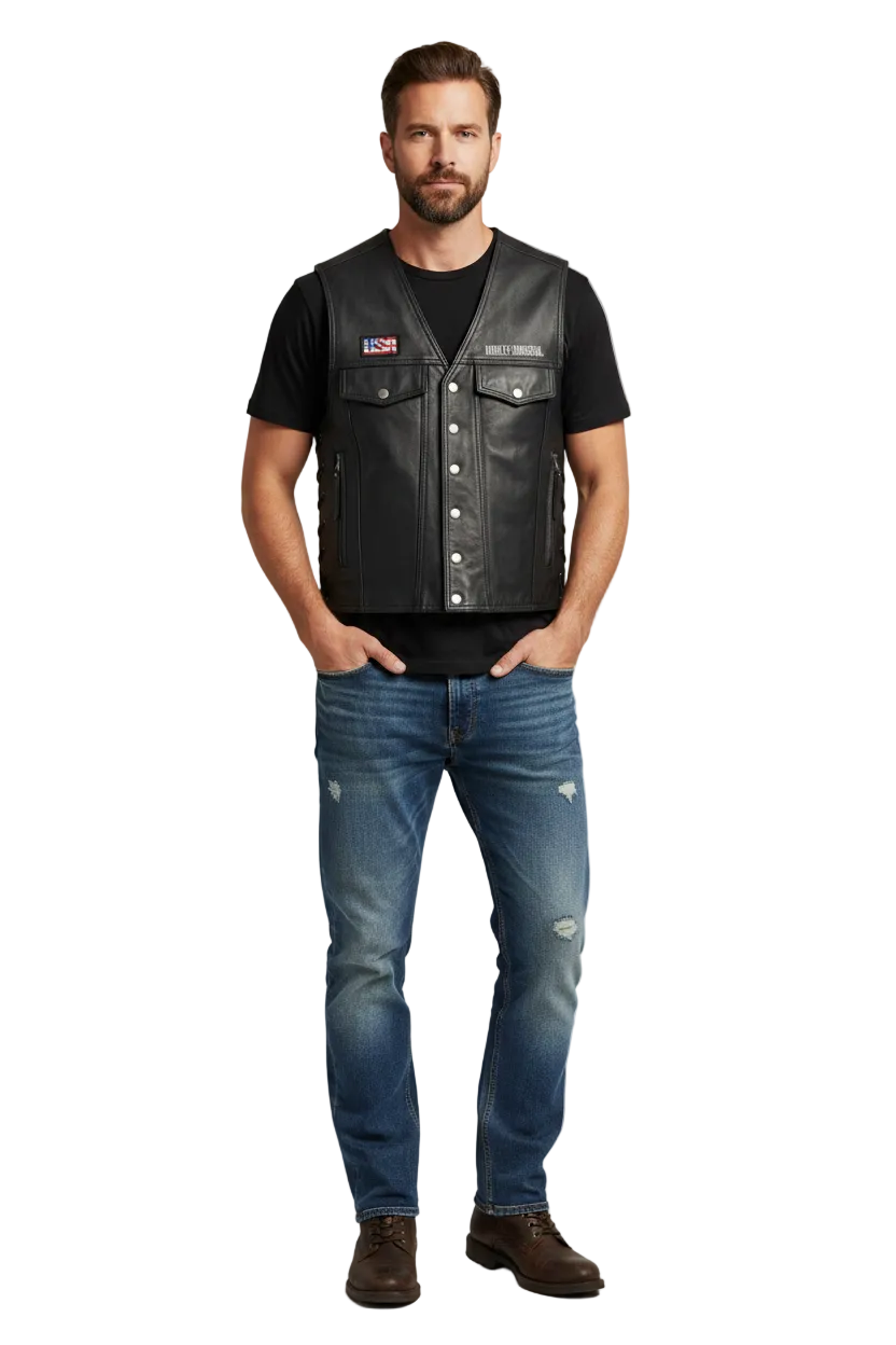 Men's Genuine Black Leather Biker Vest - Motorcycle Riding Waistcoat with Side Laces, Gun Pockets, and American Flag Patch - Classic Chopper Style Leather Gear