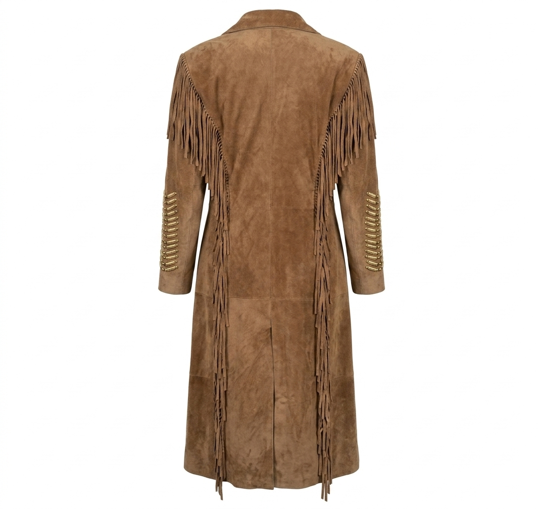 Handcrafted Western Suede Long Coat with Fringe & Metallic Detailing