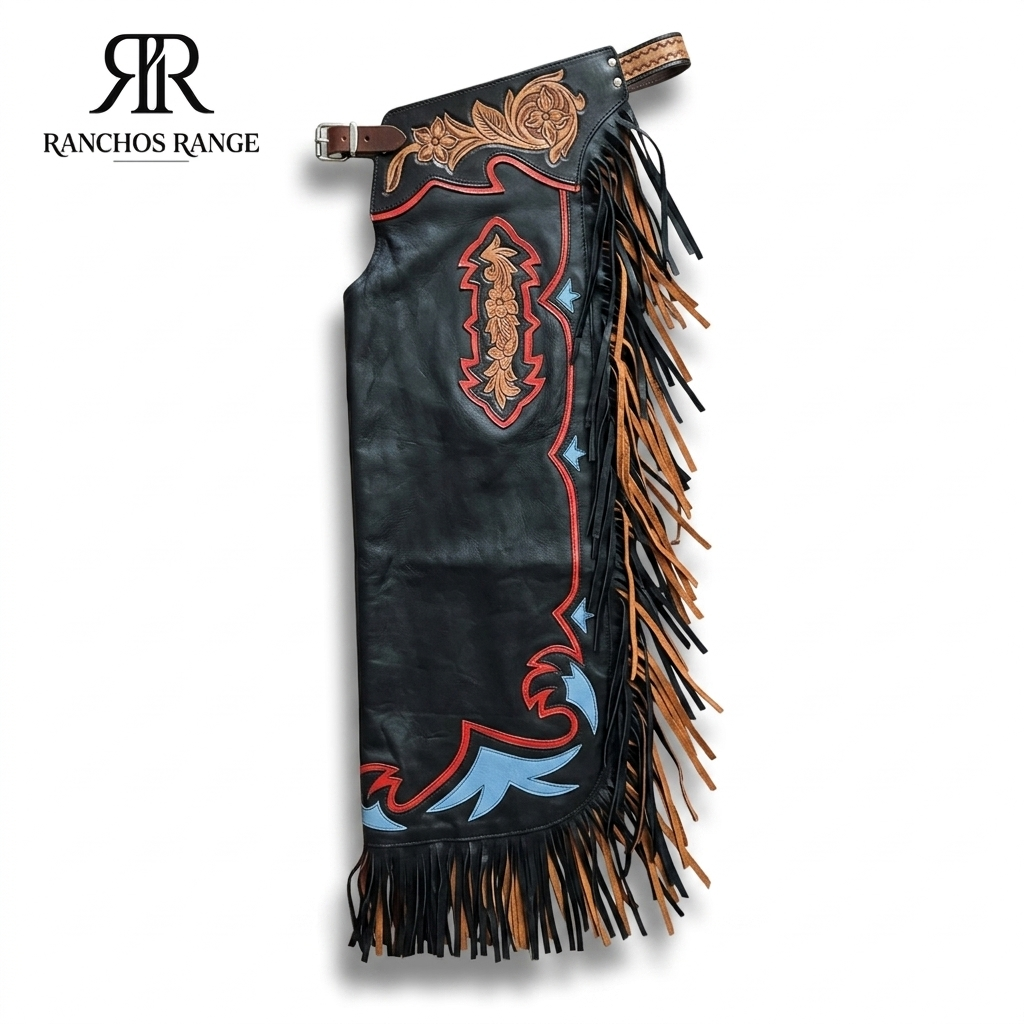 Handcrafted Western Leather Rodeo Chaps – Floral Tooled Accents & Vibrant Fringe