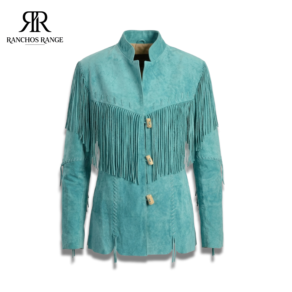 Handmade Turquoise Suede Leather Fringe Jacket for Women, Western Cowgirl Coat with Bone Toggles, Native American Style Boho Suede Blazer