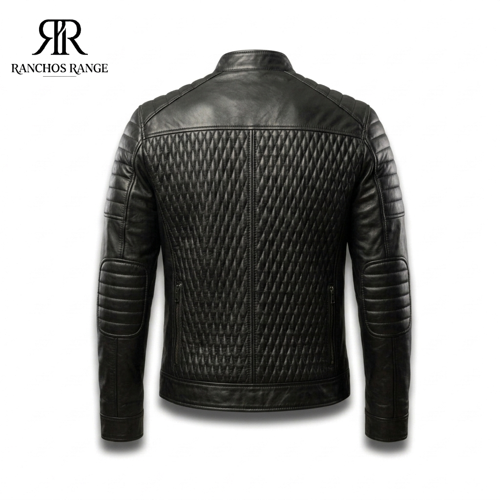 Men's Quilted Black Leather Biker Jacket - Diamond Stitched Slim Fit Café Racer Motorcycle Jacket