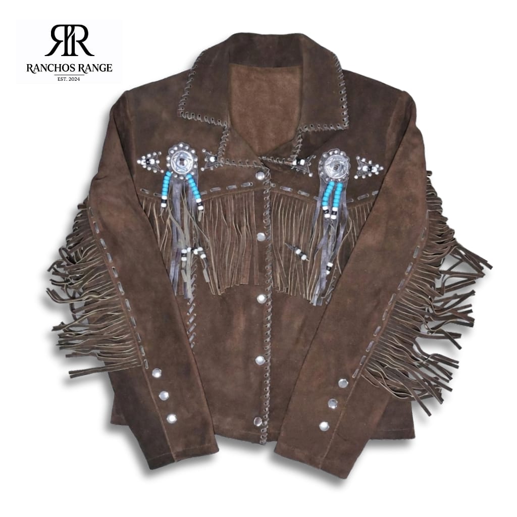 Women’s Western Brown Suede Fringe Jacket with Concho & Turquoise Bead Detail