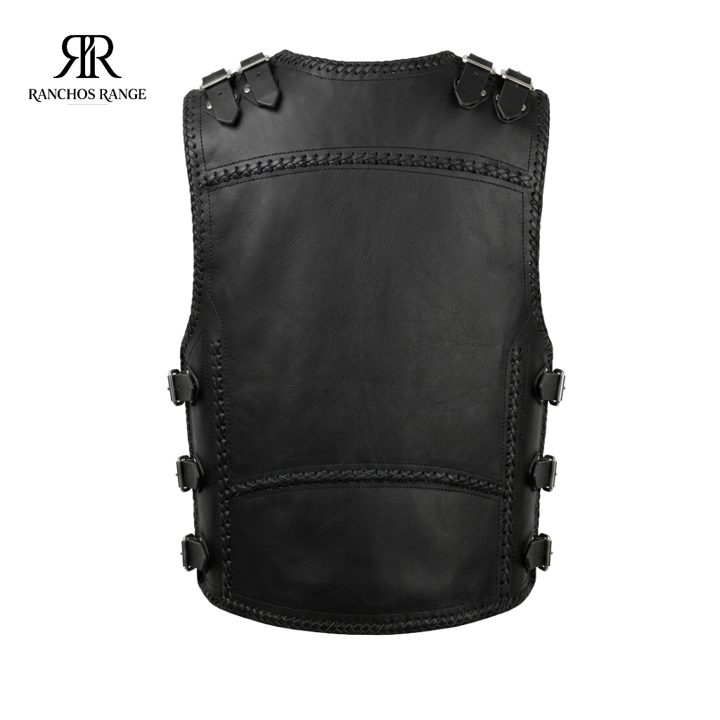 Handmade Men's Black Leather Tactical Vest with Buckle Straps and Braided Detailing - Custom Genuine Leather Biker Vest - Western Cowboy Waistcoat