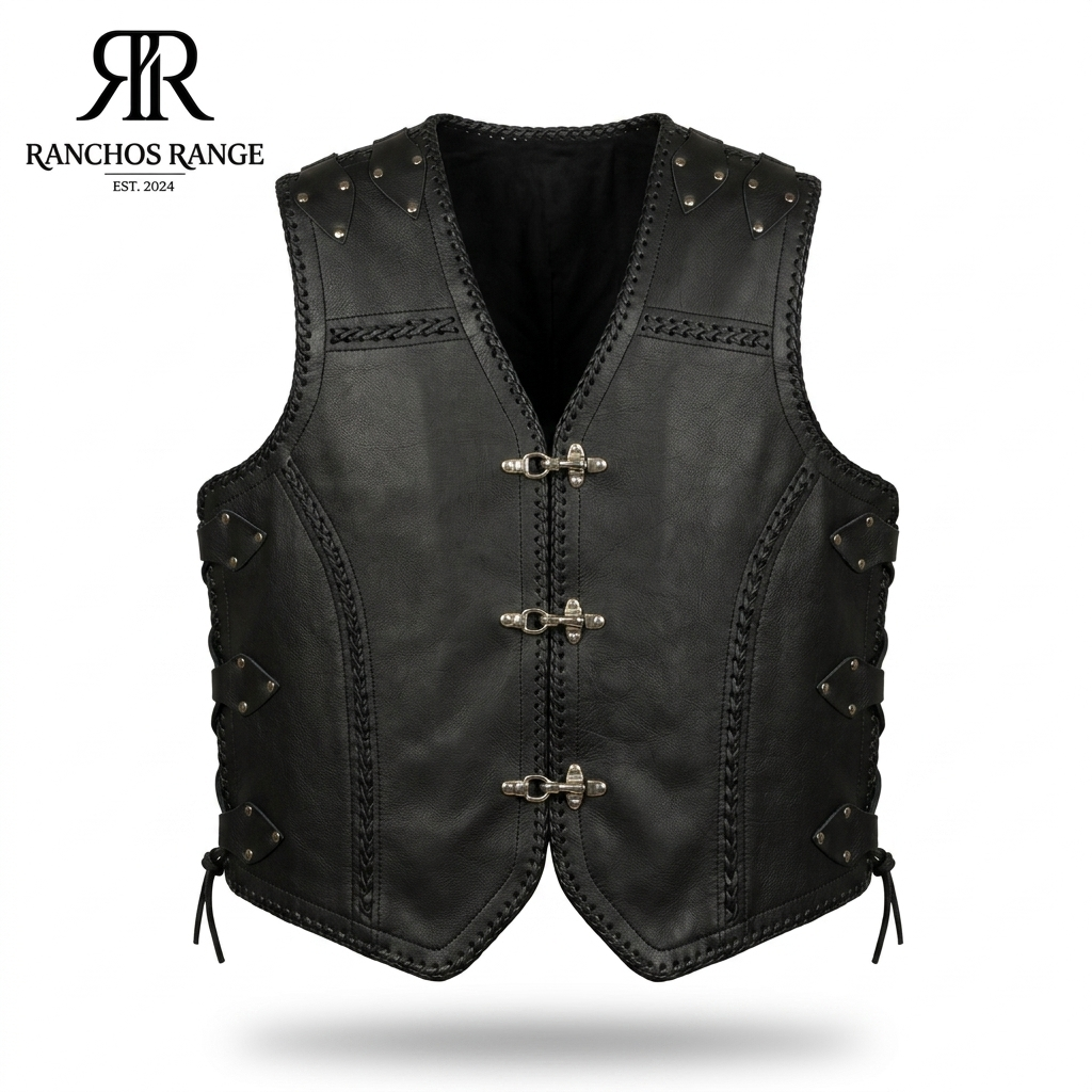 Men's Hand-Braided Leather Motorcycle Vest - Side Lace Buckle Tactical Biker Waistcoat - Genuine Cowhide Western Rodeo Leather Vest