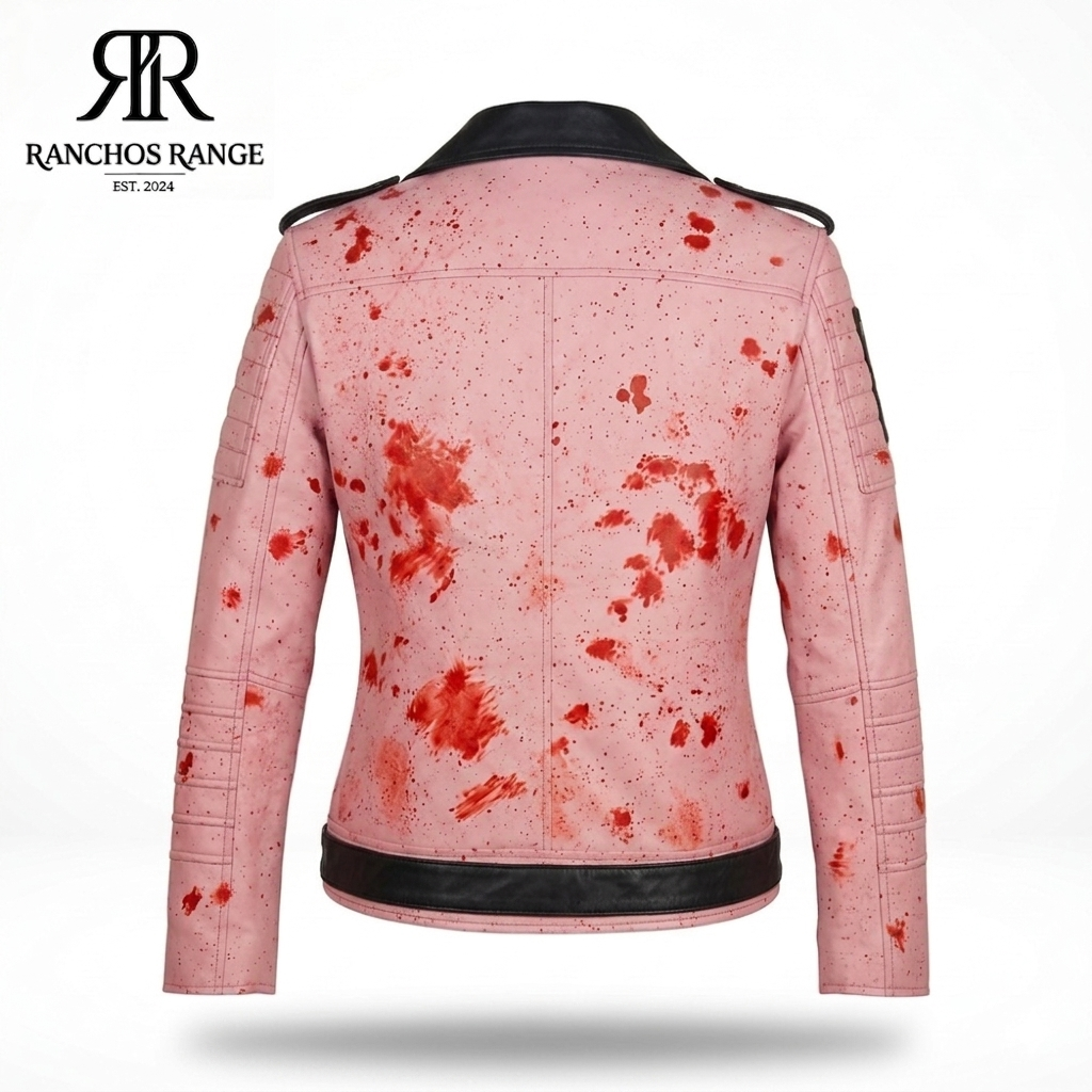 Women's Pink Studded Leather Biker Jacket - Hand Painted Blood Splatter Punk Moto Jacket - Custom Gothic Rocker Style - Ranchos Range Coat