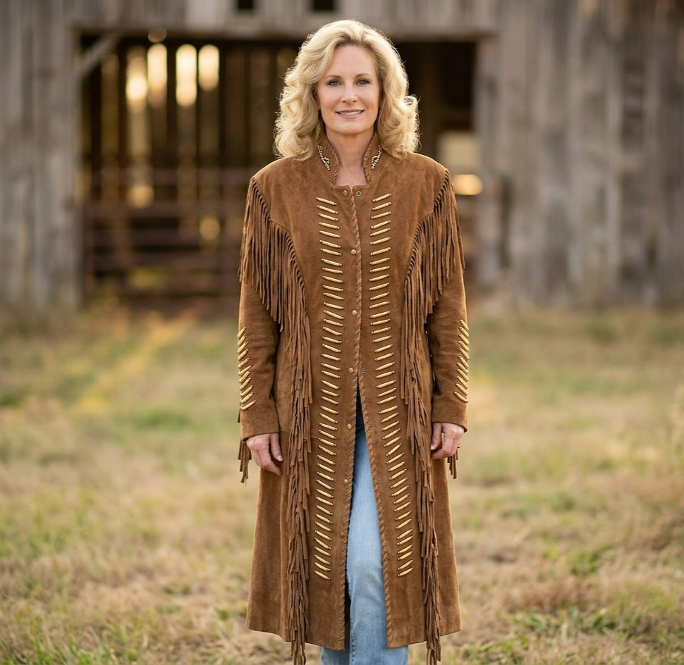 Handcrafted Western Suede Long Coat with Fringe & Metallic Detailing