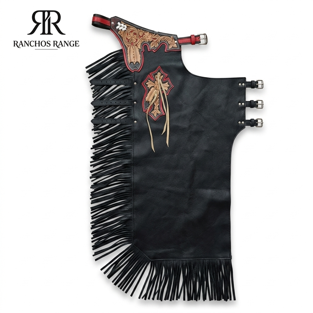 "Ranchos Range Custom Rodeo Chaps - Black & Tan Leather with Fringe and Cross Accent"