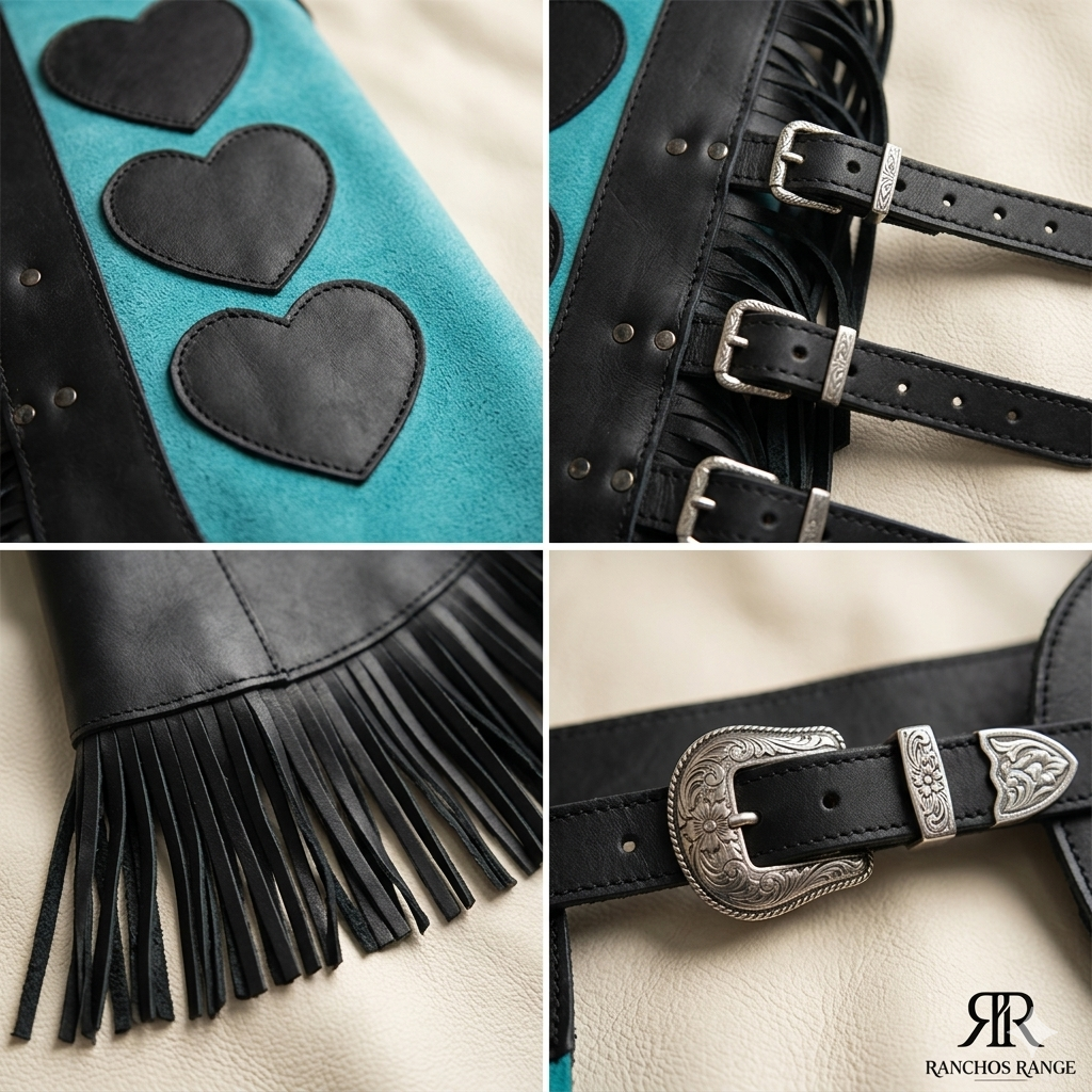 Women's Custom Western Leather Rodeo Chaps – Turquoise & Black with Heart Inlays